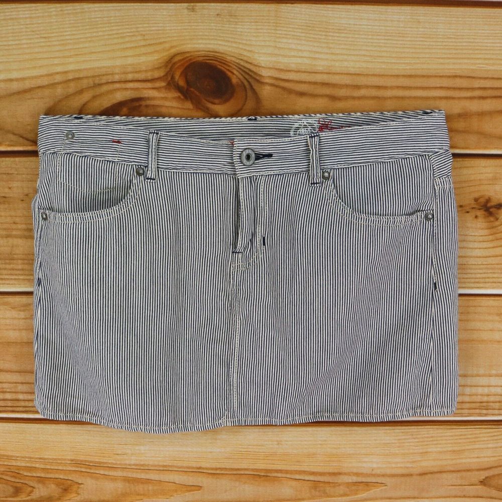 Limited Edition Mini Skirt Womens Size 12 Blue Beige Striped 100% Cotton Pockets